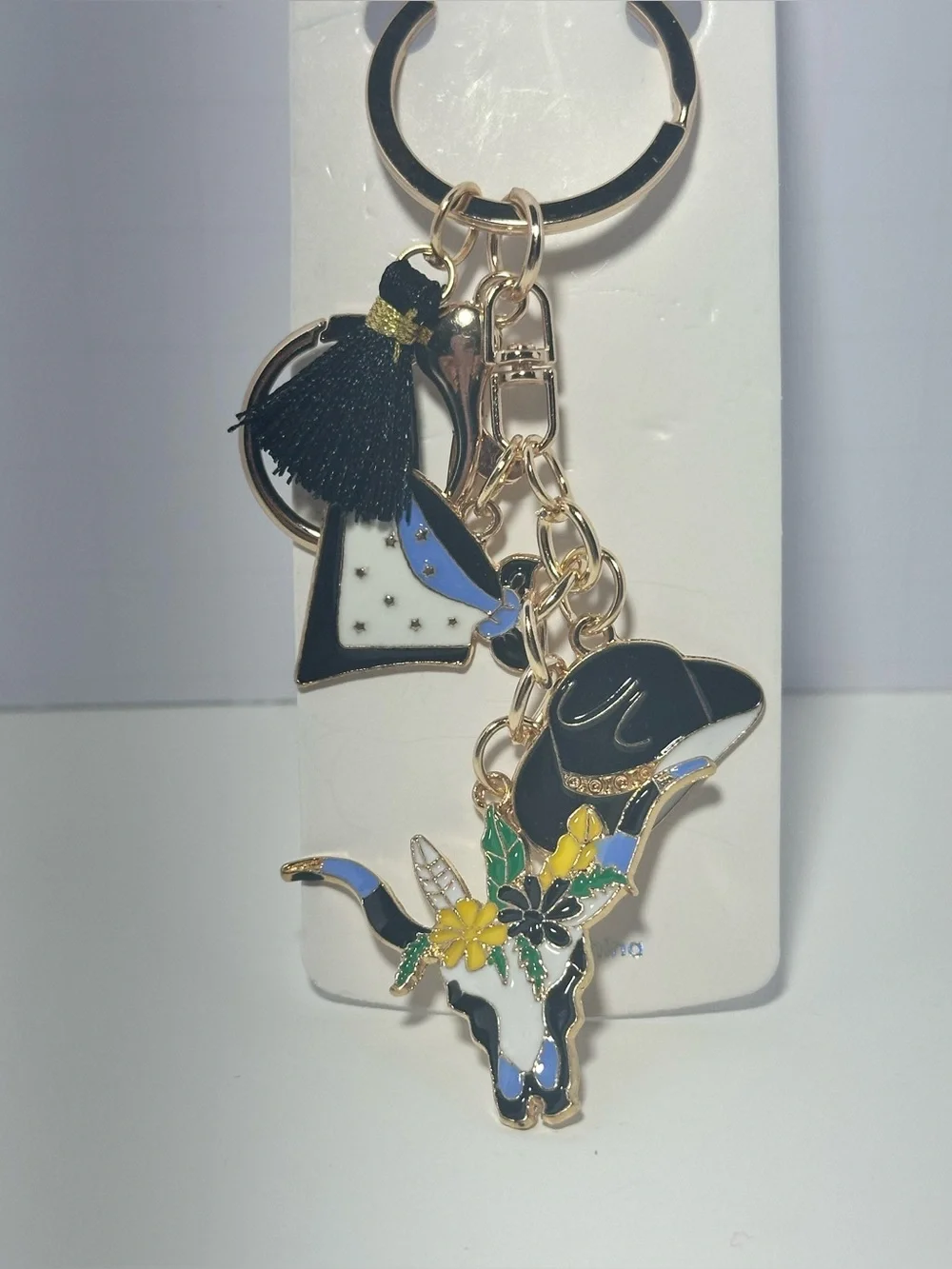 Cow Skull & Cowboy Hat Enamel Keychain - Black, White, Blue, Yellow